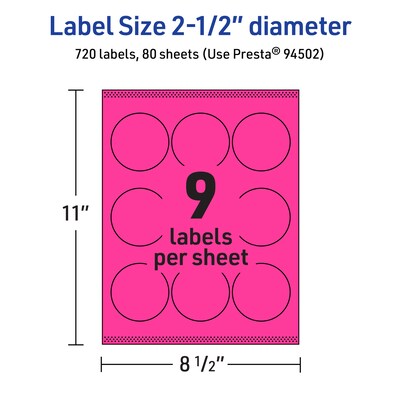 Avery Laser/Inkjet Round Multipurpose Labels, 2.5" Dia., Neon Magenta, 720/Box (94502)