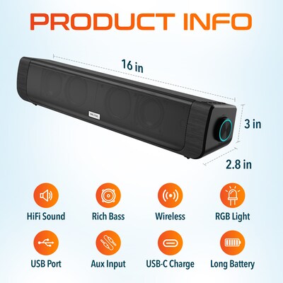 Delton SB200 20-Watt Wired/Wireless Soundbar Computer Speaker, Black (DSB200)