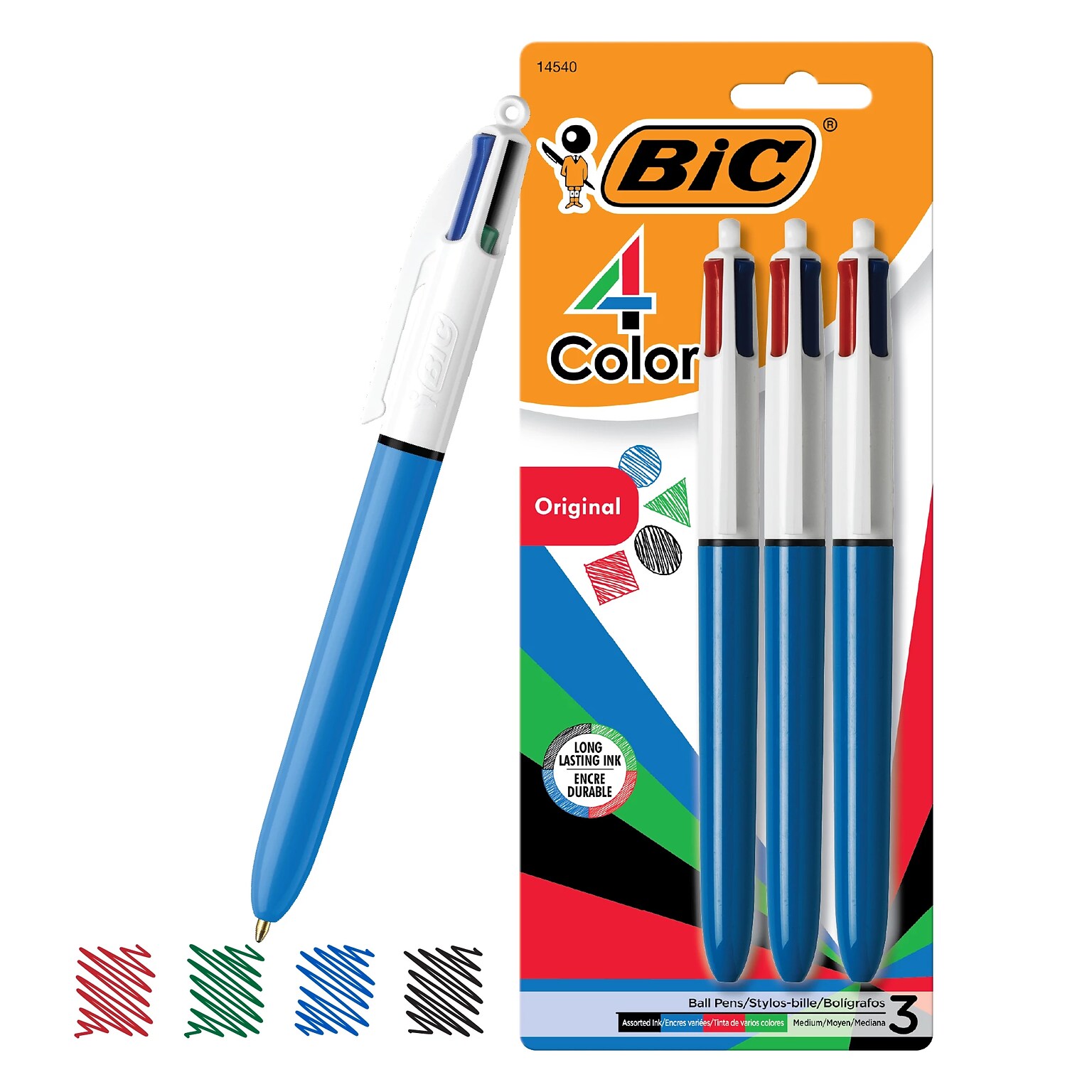 BIC 4-Color Retractable Ballpoint Pens, Medium Point, 1.4mm, Assorted Ink, 3/Pack (14540)