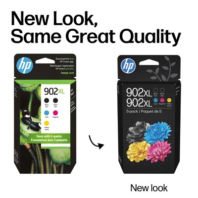 HP 902XL Black/Cyan/Magenta/Yellow High Yield Ink Cartridge, 5/Pack (6ZA01AN#140)