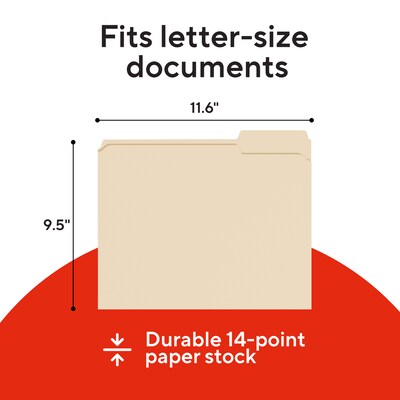 Staples File Folders, Letter Size, 1/3-Cut Tabs, Manila, Durable Paper Stock, 100/Pack