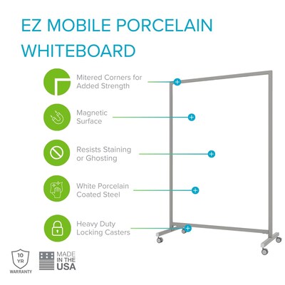 Ghent EZ Magnetic Porcelain Mobile Dry-Erase Whiteboard, Aluminum Frame, 75H x 50W (EZ6MA7550)