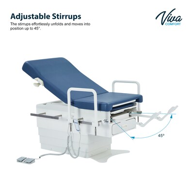 Viva Comfort Pointe Power Electric Pelvic Tilt Exam Table w/Stirrups, Knee Crutches, Hand Rails, 396lbs. Capacity, Blue
