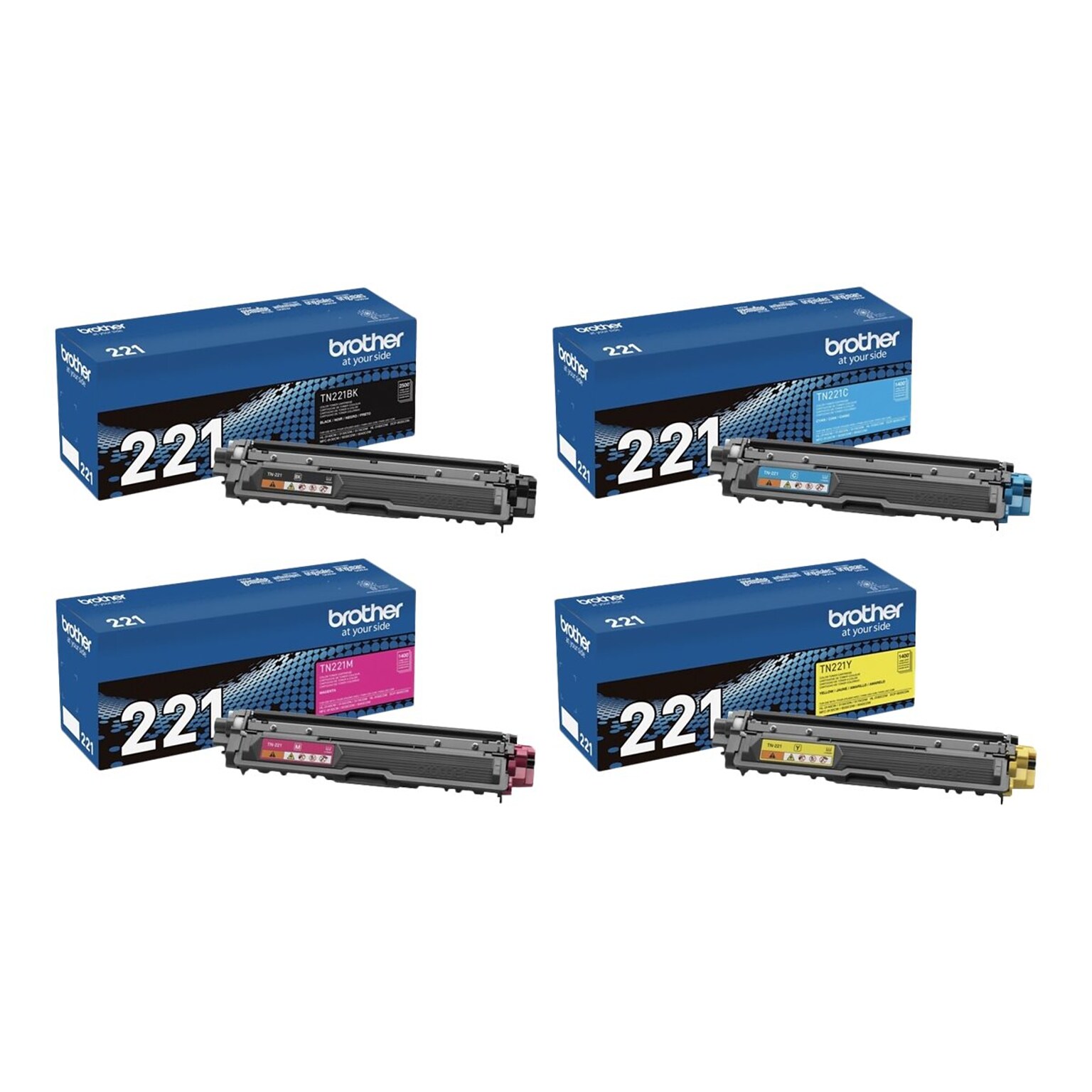 Brother TN-221 Black/Cyan/Magenta/Yellow Standard Yield Toner Cartridges, 4/Pack (TN221SET-STP)