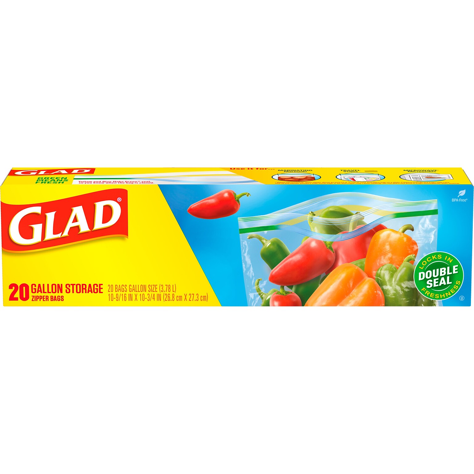 Glad Zipper Food Storage Bags, Gallon, 20 Bags/Box (55050)