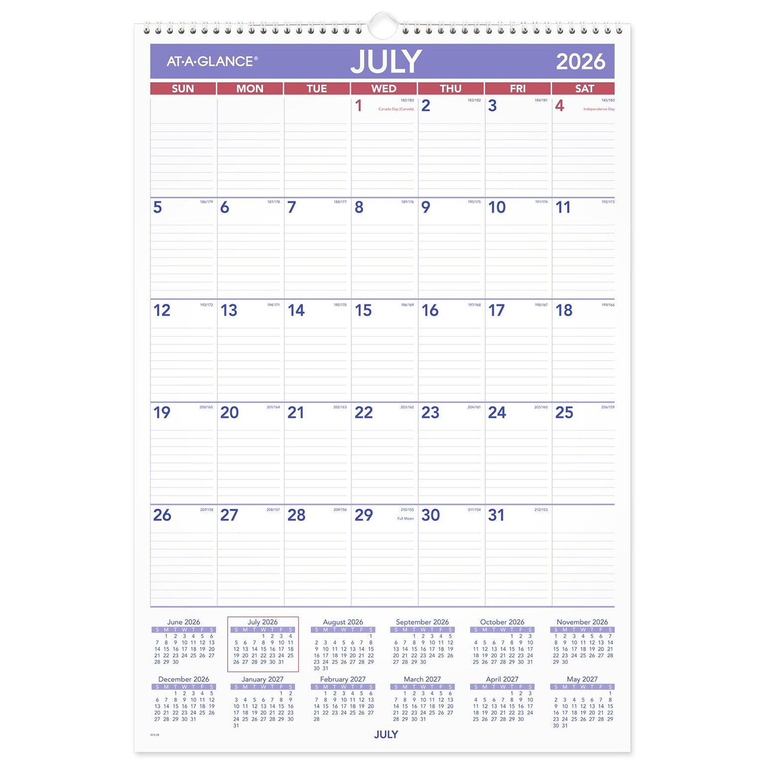 2026-2027 AT-A-GLANCE 15.5 x 22.75 Academic Monthly Wall Calendar, Purple/Red (AY3-28-27)