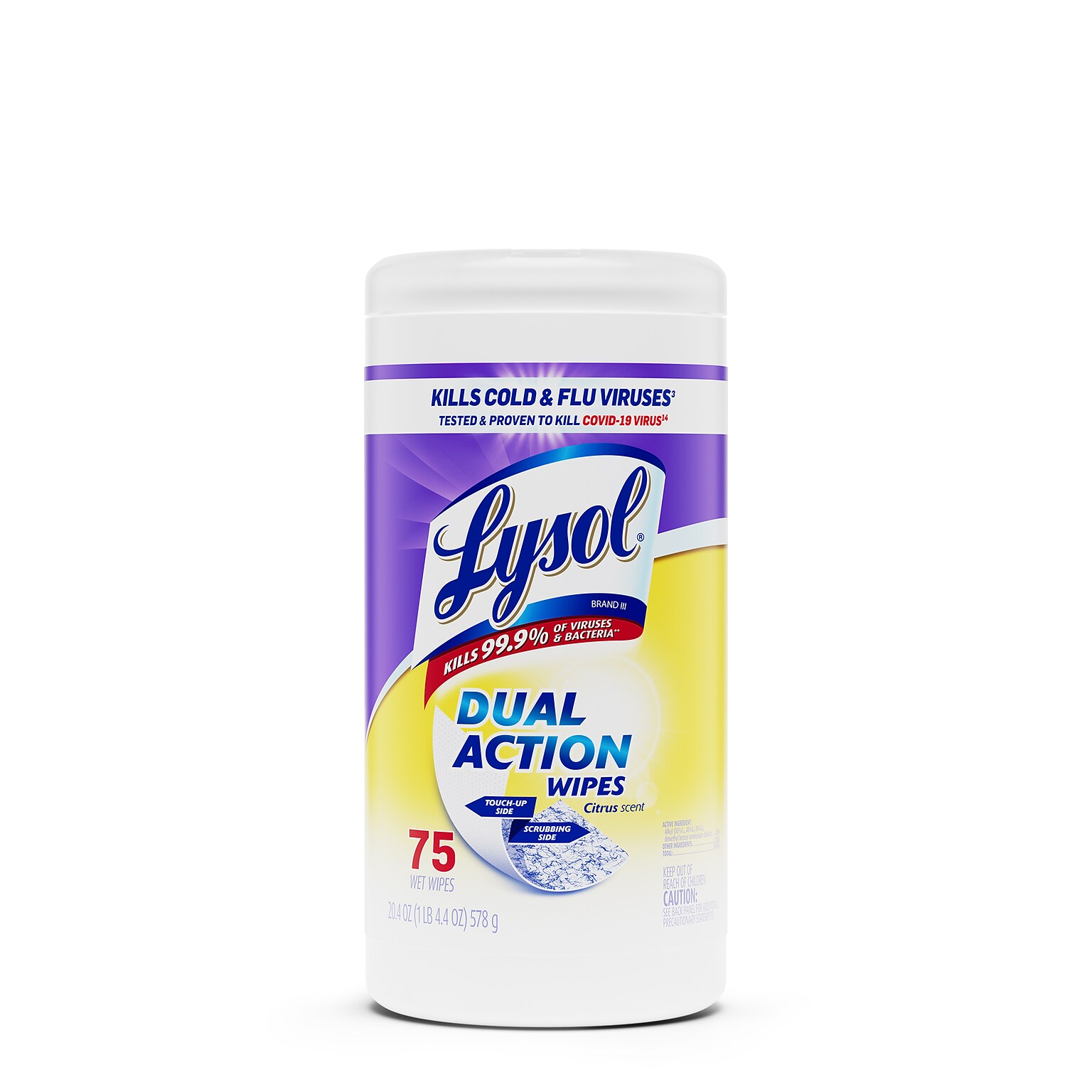 Lysol Dual Action Disinfecting Wipes, Citrus, 75 Wipes/Pack (1920081700)