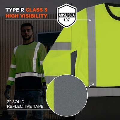 Ergodyne GloWear 8369BK High Visibility Long Sleeve Black Bottom T-Shirt, ANSI Type R Class 3, Lime, Large (22204)