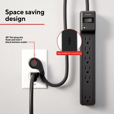 Staples TECH 6-Outlet Surge Protector, 6', 1800 Joules, Black (ST62779)