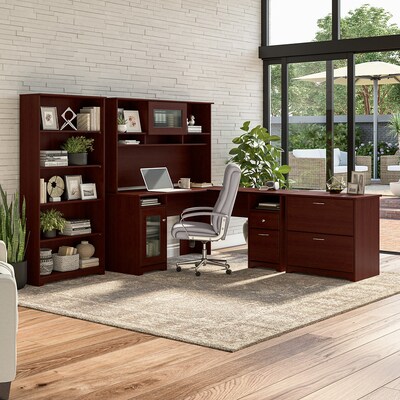 Bush Furniture Cabot 60W L Shaped Computer Desk with Hutch, File Cabinet and Bookcase, Harvest Cher