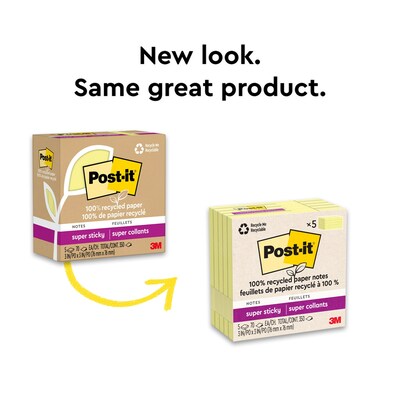 Post-it Recycled Super Sticky Notes, 3" x 3", Canary Collection, 70 Sheets/Pad, 5 Pads/Pack (654R-5SSCY)