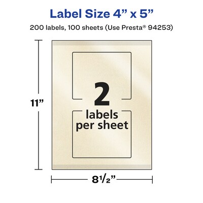 Avery Pearlized Ivory Rectangle Multipurpose Labels, 4" x 5", Ivory, 200/Box (94253)