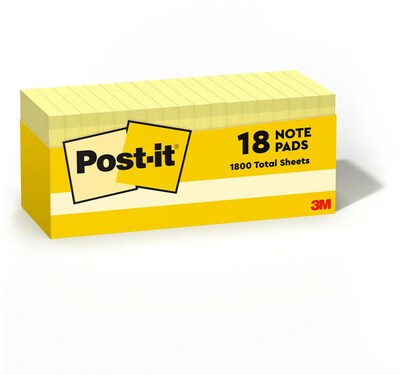 Post-it Notes, 3 x 3, Canary Collection, 90 Sheet/Pad, 18 Pads/Pack (654-18CP)