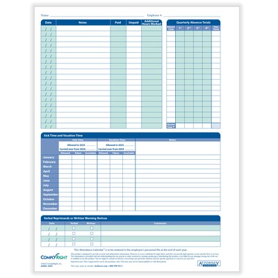 ComplyRight 2025 Attendance Calendar Card, 25 Forms/Pack (A4000W25)