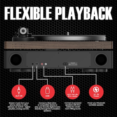 Audiosource AT33 Belt Drive turntable with 2.1 channel 120 watt Bluetooth Speakers, Walnut Woodgrain (AT3345WW)