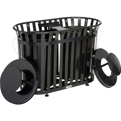 Global Industrial Outdoor Slatted Steel Trash Can w/ Rain Bonnet Lid, 72 Gallon, Black (641432BK)