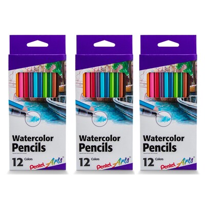 Pentel Watercolor Pencils, Assorted Colors, 12/Pack, 3 Packs/Bundle (PTACB912-3)
