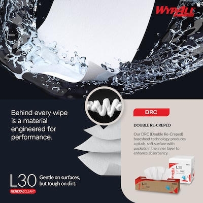 WypAll GeneralClean L30 Durable Fibers Cleaning Wipers, 9.8" x 16.4", White, 100 Wipers/Box, 8/Carton (05800)