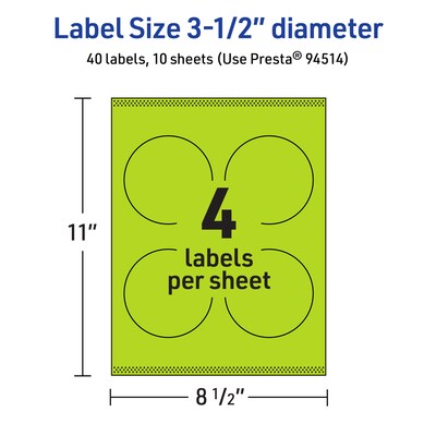 Avery Laser/Inkjet Multipurpose Circle Labels, 3.5" Dia., Bright Green, 40/Pack (94514)