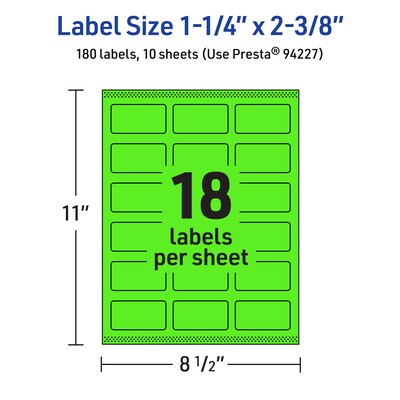 Avery Laser/Inkjet Multipurpose Rectangle Labels, 1-1/4" x 2-3/8", Neon Green, 180/Pack (94227)