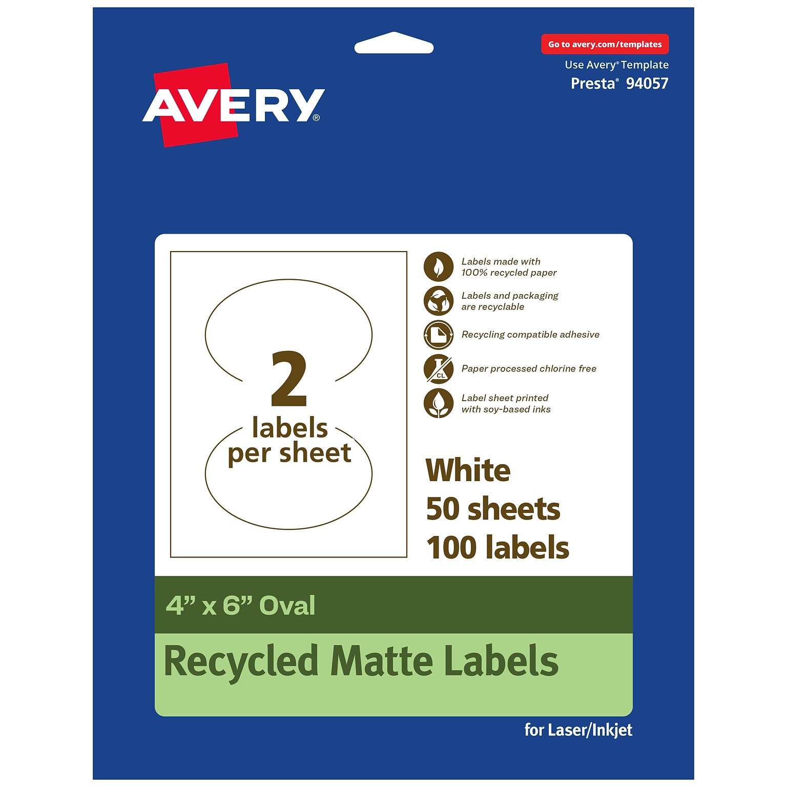 Avery EcoFriendly Laser/Inkjet Oval Multipurpose Labels, 4 x 6, White, 100/Box (94057)