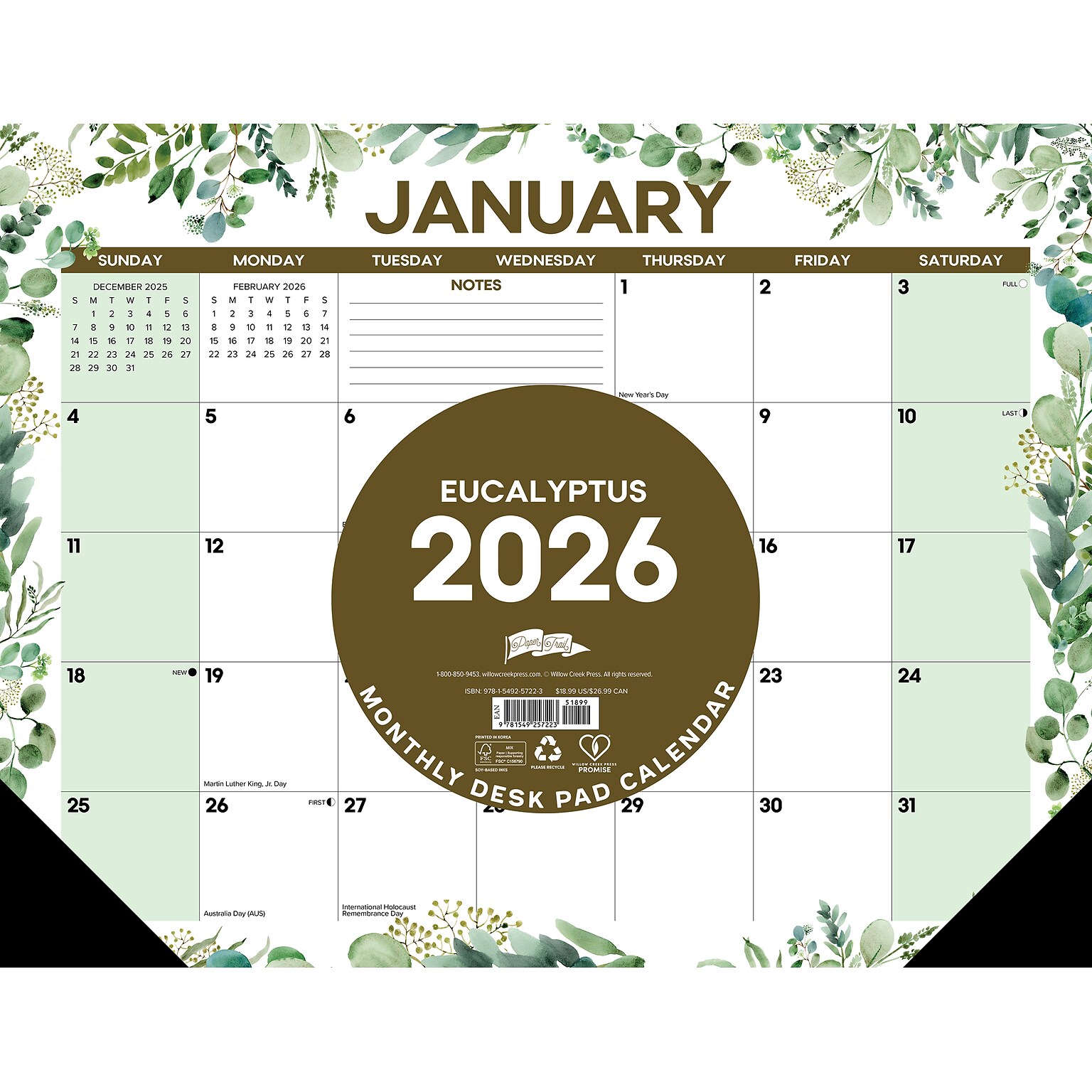 2026 Willow Creek Eucalyptus 22 x 17 Monthly Desk Pad Calendar (57223)