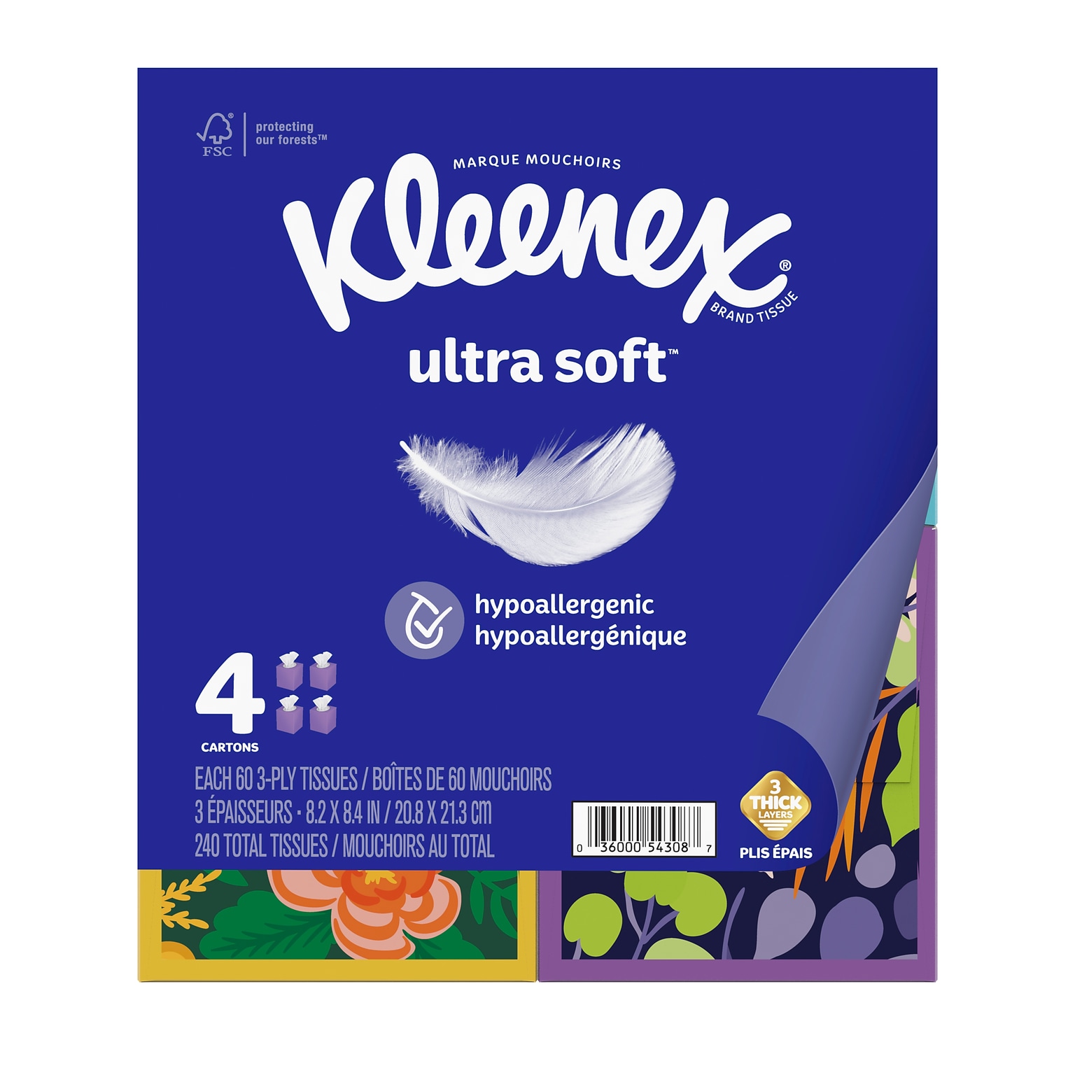Kleenex Ultra Soft Facial Tissue, 3-Ply, 60 Sheets/Box, 4 Boxes/Pack (54308)