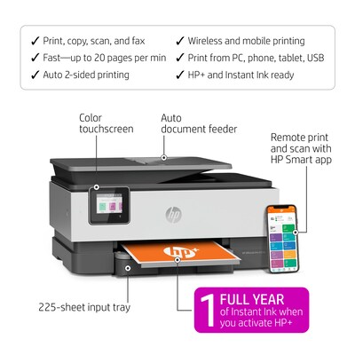 HP OfficeJet Pro 8034e Wireless Color All-in-One Printer with 1 Full Year Instant Ink with HP+ (1L0J