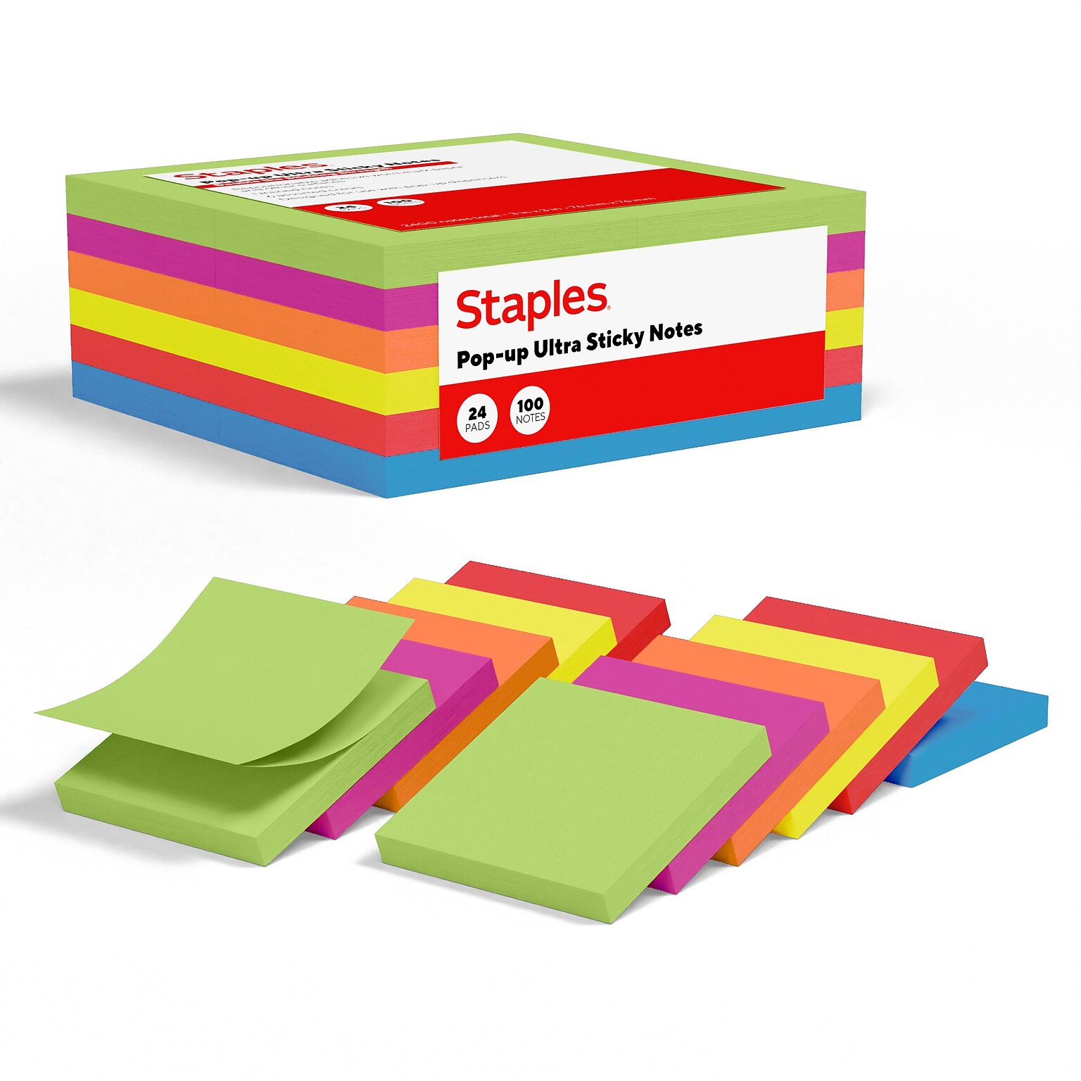 Staples Pop-up Ultra Sticky Notes, 3 x 3, Summer Breeze Collection, 100 Sheets/Pad, 24 Pads/Pack (ST62894)