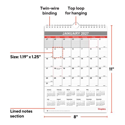 2027 Staples 8 x 11 Monthly Wall Calendar, White/Red/Gray (ST53922-27)