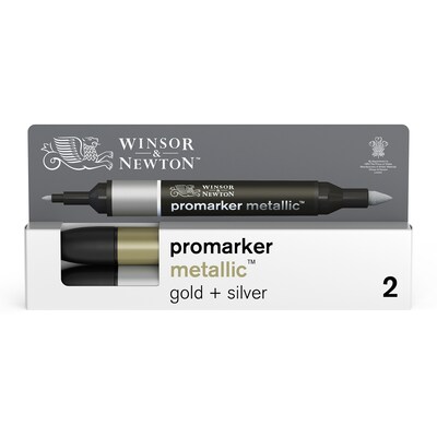 Winsor & Newton Promarker Dual-Tip Alcohol Based Marker, Metallic Gold + Silver, 2/Pack (WNX0290150)