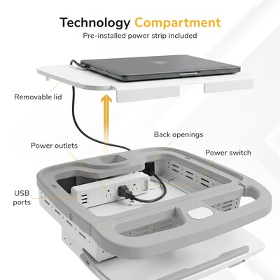 Mount-It! MedHub Powered Height-Adjustable Medical Cart Workstation with Power Kit & Built-In Power Strip, White/Gray (MI-16056)