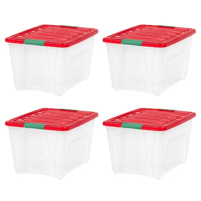 Iris Holiday Large Stackable Plastic Storage Box, 13 x 16.5 x 22, 54 Qt., Clear/Red, 4/Pack (500531)