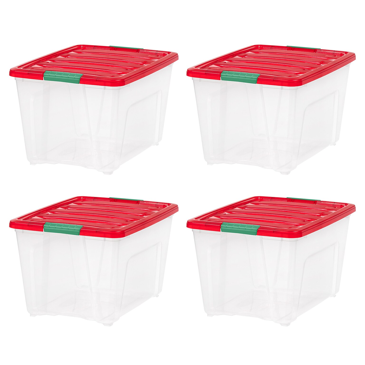 Iris Holiday Large Stackable Plastic Storage Box, 13 x 16.5 x 22, 54 Qt., Clear/Red, 4/Pack (500531)