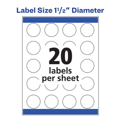 Avery Print-to-the-Edge Inkjet Round Labels, 1 1/2" Diameter, White, 20 Labels/Sheet, 20 Sheets/Pack (8293)