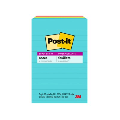 Post-it® Super Sticky Notes, 4" x 6", Supernova Neons, Lined, 90 Sheets/Pad, 3 Pads/Pack (660-3SSMIA)