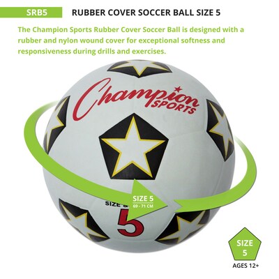 Champions Water-Resistant Rubber-Covered Sports Ball, White/Black, Size 5 Soccer Ball