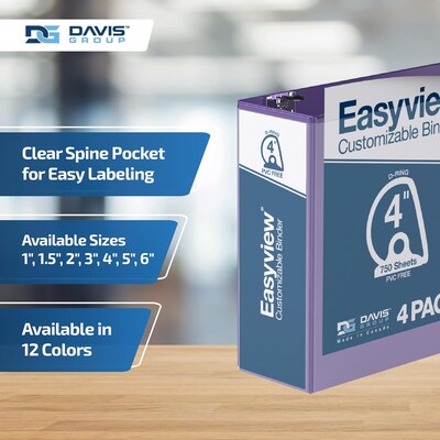 Davis Group Easyview Premium 4" Angle D Ring, Customizable, View Binder, Purple, 4/Pack (8406-69)