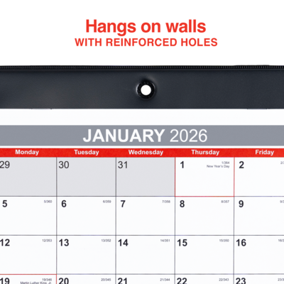 2026 Staples 11" x 8" Monthly Wall Calendar, White/Red/Gray (ST12949-26)