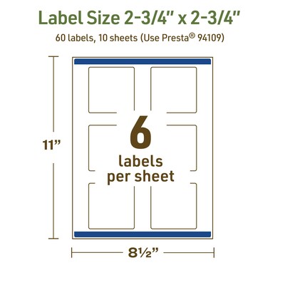 Avery Dissolvable Square Multipurpose Labels, 2.75" x 2.75", Off-white, 60/Pack (94109)
