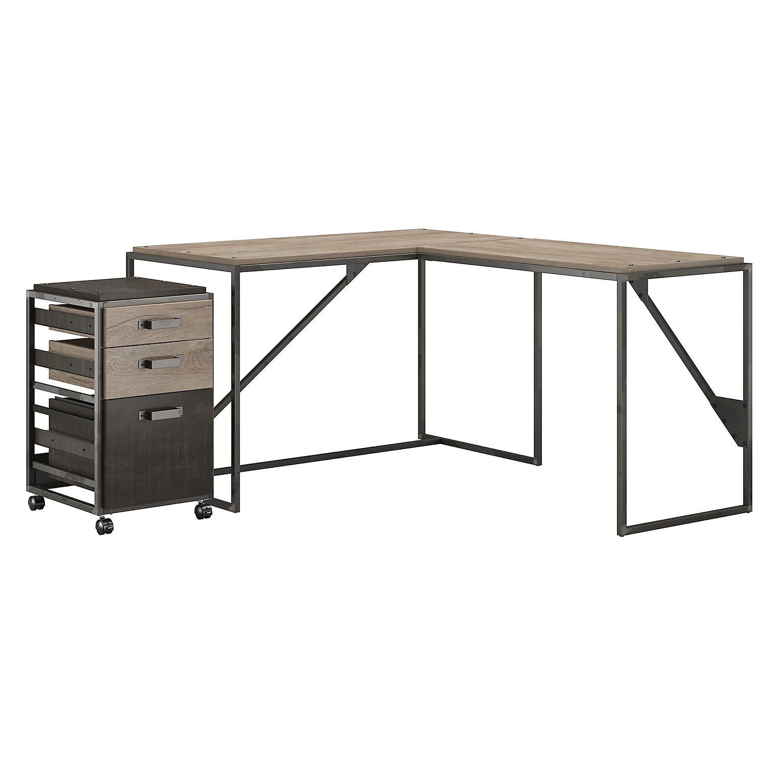 Bush Furniture Refinery 50W L Shaped Industrial Desk with 3 Drawer Mobile File Cabinet, Rustic Gray/Charred Wood (RFY004RG)
