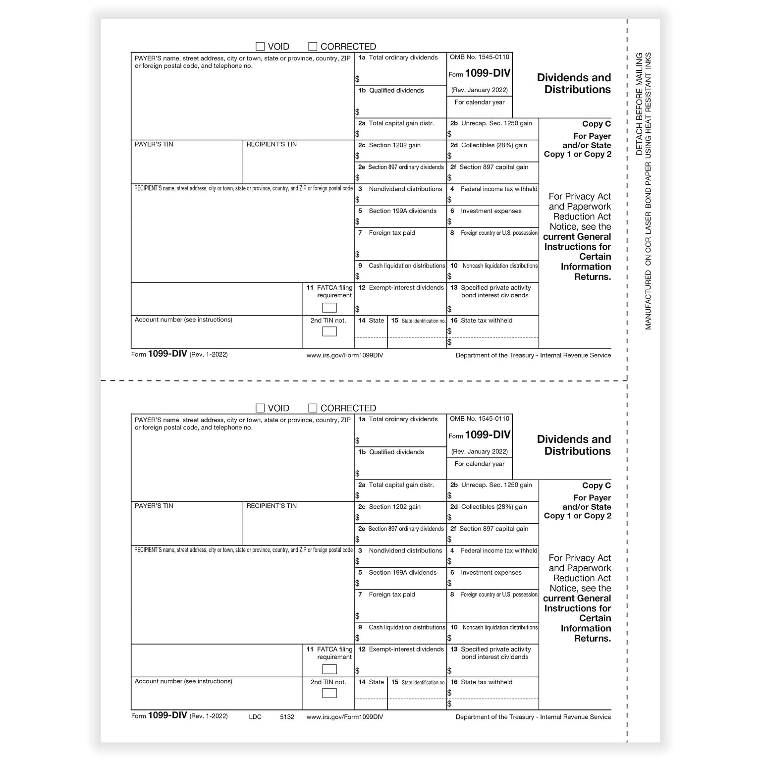 ComplyRight® 2023 1099-DIV Tax Form, Payer Copy C and/or State, 2-Up, 50/Pack (513250)