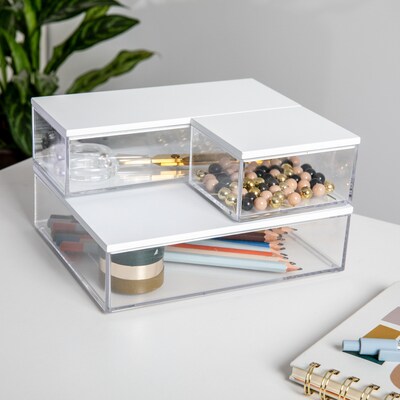 Martha Stewart Brody Plastic Storage Organizer Bin with White Engineered Wood Lid, Clear, 3/Set (BEPB3317WD3CLWH)