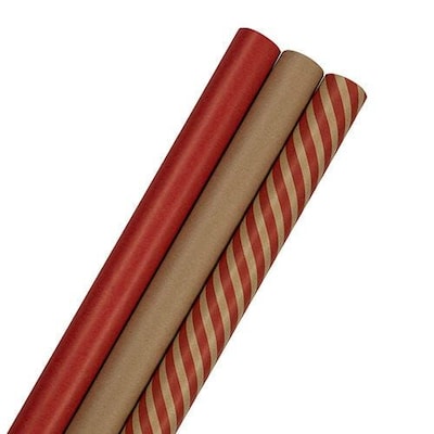 JAM Paper Wrapping Paper, 87.5 Sq Ft, Red Kraft Stripes and Solid Deluxe Set, 3 Rolls/Pack (77450120