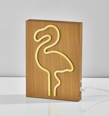 Simplee Adesso LED Wood Framed Neon Flamingo Table/Wall Lamp, 9"H, Brown/Multi-Color (SL3722-12)