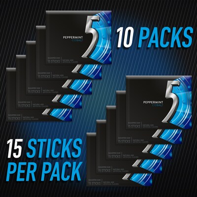 5 GUM Sugar Free Peppermint Cobalt Gum, 15 Sticks/Pack, 10 Packs/Box (WMW51220)
