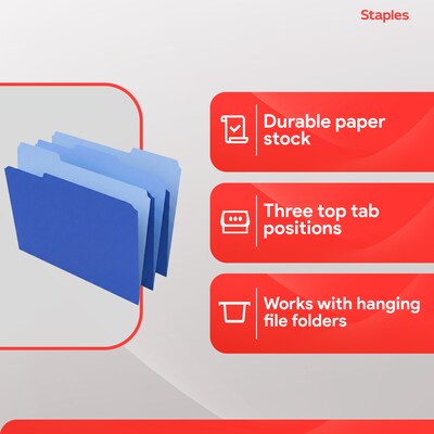 Staples File Folders, 1/3-Cut Tab, Letter Size, Blue, 100/Box (ST224527-CC)