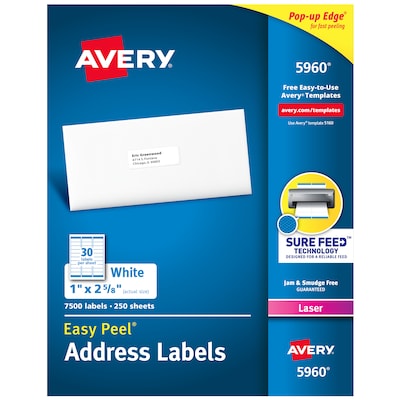 Avery Easy Peel Laser Address Labels, 1 x 2-5/8, White, 30 Labels/Sheet, 250 Sheets/Box (5960)