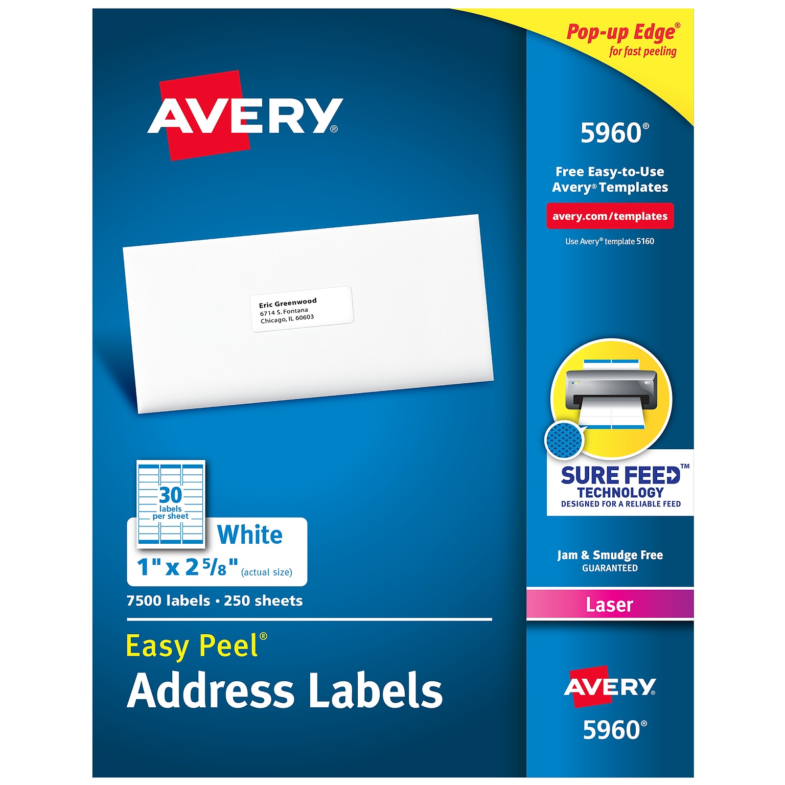 Avery Easy Peel Laser Address Labels, 1 x 2-5/8, White, 30 Labels/Sheet, 250 Sheets/Box (5960)