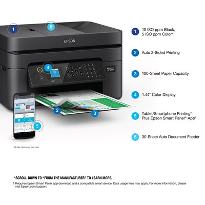 Epson WorkForce WF-2930 Wireless Color Inkjet Printer, All-In-One, Print, Scan, Copy, Fax (9472537)
